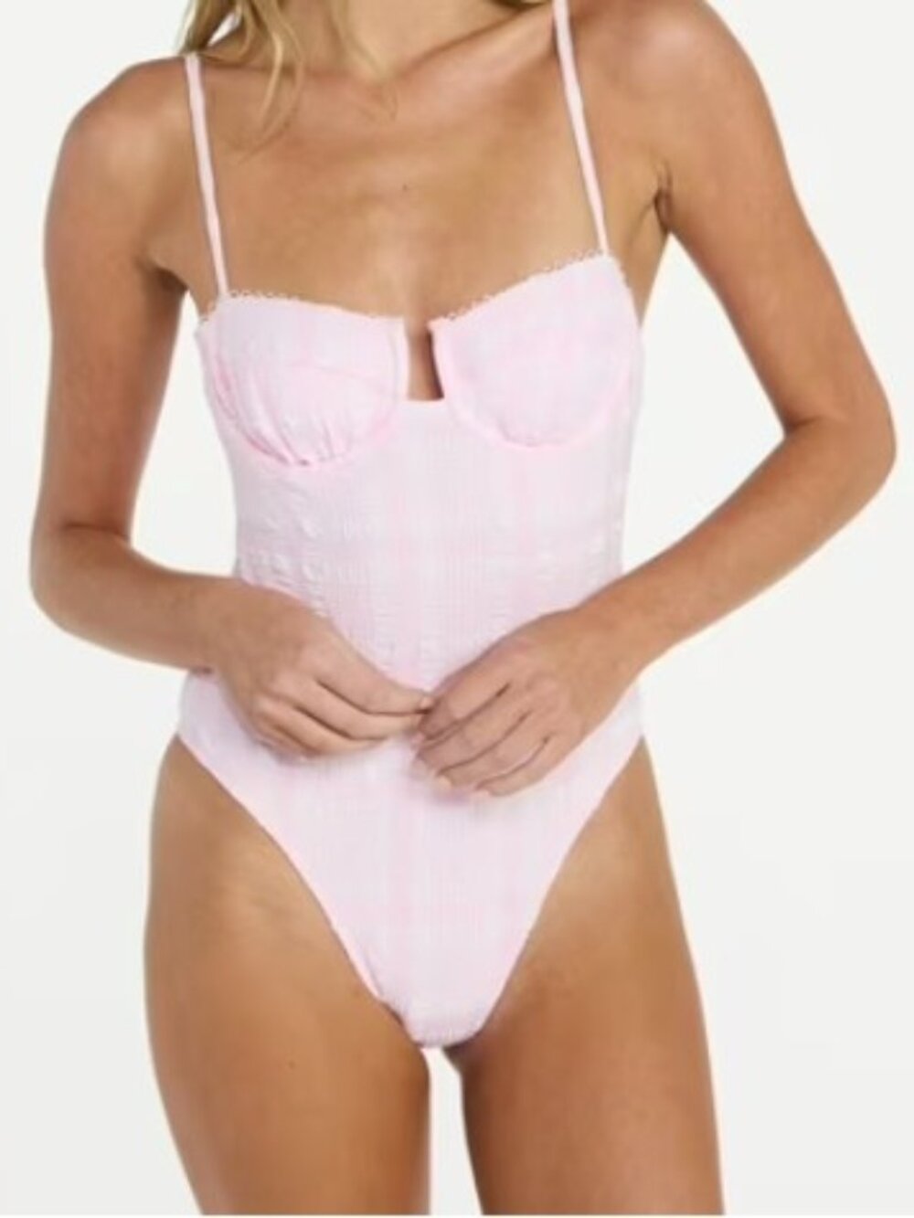 NWT No Boundaries Pink Gingham Seersucker Underwire 1-Piece Swimsuit L